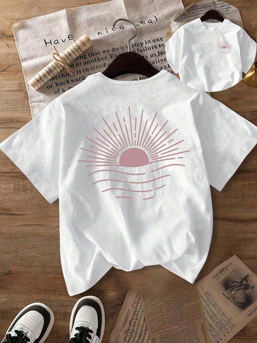 女士 Sunrise 极简粉色条纹圆领短袖休闲T恤，女士返校服装，女士上衣，春夏秋季 白色 - 白色 - 查看 1