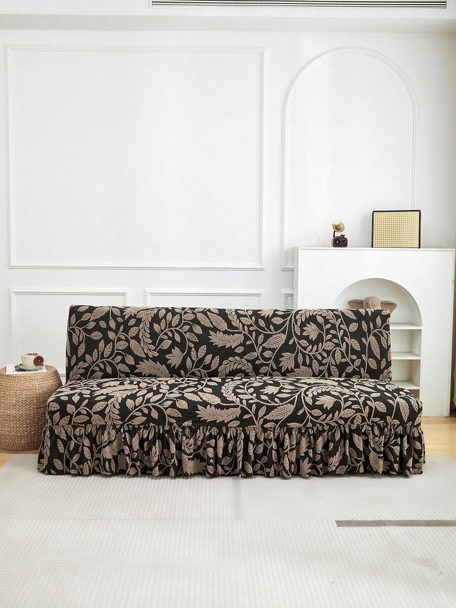 1 Stück Sofabett-Volant mit Rüschenrand, samtiger Jacquard-Blättermuster, hohe Elastizität, maschinenwaschbar, unverzichtbare Heimdekoration - Khaki - Übersicht 1