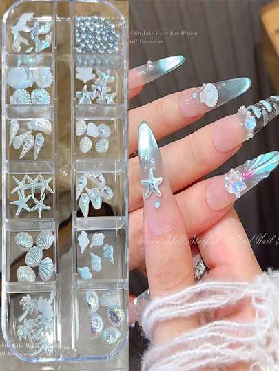 12格/盒 极光亮片海洋贝壳海星美甲饰品，3D炫彩美人鱼夏季海滩主题美甲装饰，树脂贝壳海螺海星美甲宝石，适用于亚克力指甲，女士及女孩DIY美甲用品