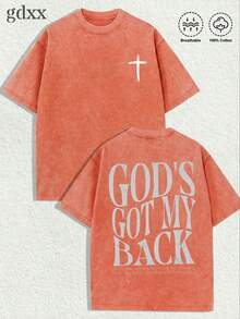 1-Pack Plus-Size "Retro Christian Theme" Graphic T-Shirt - Featuring The Handwritten Slogan "GOD'S GOT MY BACK." Relaxed Fit, Crafted From 230g Washed Pure Cotton Fabric. Retro Streetwear Style; Unisex Top. Men's Summer Top, Men's Plus-Size T-Shirt. - 橘色 - 查看 1