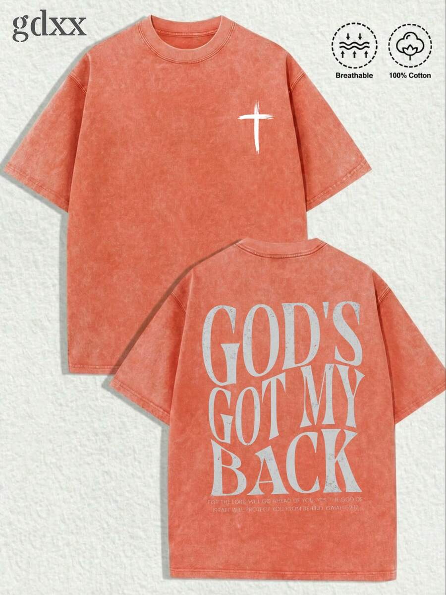 1-Pack Plus-Size "Retro Christian Theme" Graphic T-Shirt - Featuring The Handwritten Slogan "GOD'S GOT MY BACK." Relaxed Fit, Crafted From 230g Washed Pure Cotton Fabric. Retro Streetwear Style; Unisex Top. Men's Summer Top, Men's Plus-Size T-Shirt. - 橘色 - 查看 1