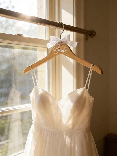 1 chiếc móc treo quần áo bằng gỗ kèm ruy băng ngọc trai giả - Móc treo quần áo cưới, móc treo nhẹ, quà tặng thanh lịch cho cặp đôi mới cưới, trang trí đám cưới.