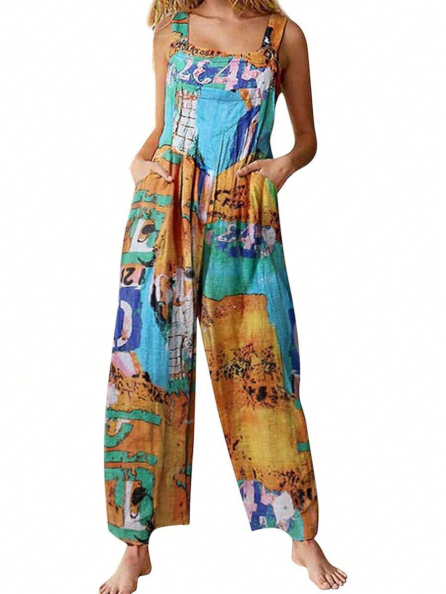 Bohemian Women's Loose Floral Bib Overall Jumpsuit With Pockets Patchwork Wide Leg Adjustable Strap Beach Vacation Outfits Summer - 棕褐色 - 查看 1