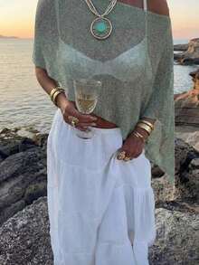 FOR BEAUTY Summer New Women's Solid Ribbed Olive Green Knit Cardigan, Asymmetric Hem Design, Fine Shiny Knit Fabric, Lightweight & Breathable, Slightly Loose Fit Suitable For Various Body Types, Vacation & Casual Style Top, Suitable For Holiday, Boho, Sexy, Summer Women's Clothing - 白色 - 查看 1