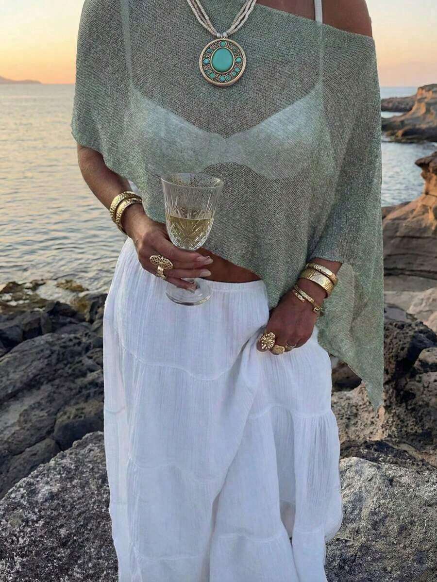 FOR BEAUTY Summer New Women's Solid Ribbed Olive Green Knit Cardigan, Asymmetric Hem Design, Fine Shiny Knit Fabric, Lightweight & Breathable, Slightly Loose Fit Suitable For Various Body Types, Vacation & Casual Style Top, Suitable For Holiday, Boho, Sexy, Summer Women's Clothing - 白色 - 查看 1