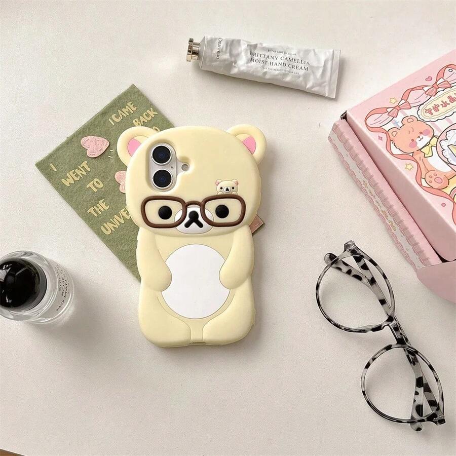 Cute Cartoon 3D Glasses Rilakkuma Phone Case For 16 15 14 13 12 11 Pro X XS Max XR 6 7 8 Plus 16plus Soft Silicone Cover - Kính màu be - Xem 1