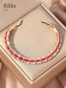 Hihho 1 pieza Elegante pulsera de tenis con brillo, diseño de cadena cuadrada y trapezoidal, pulsera de con circonita incrustada, adecuada para niñas, regalo para vacaciones, boda, compromiso, fiesta de aniversario - Pulsera de tenis - Ver 2