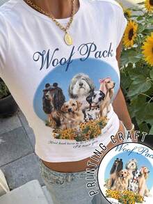 LOVE JOYY 女士 Y2K 复古白色露背短袖露脐 T 恤，狗狗印花，休闲街头风夏季上衣 - 彩色 - 查看 3