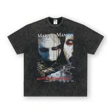 Nueva y popular camiseta vintage de manga corta de Marilyn Manson para hombre y mujer, estilo retro americano con efecto desgastado, camiseta de algodón puro para  internacional. - Camisa negra de manga corta (cuello pequeño) - Ver 4