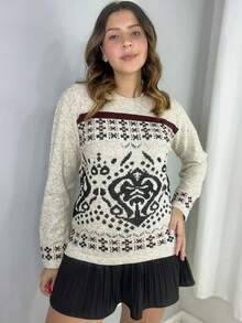 Women's Long Sleeve Knit Sweater For Winter With Geometric Pattern And Mousse Fabric - Cream - View 3