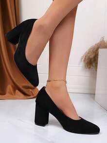 Tacones altos de punta fina con slip-on para mujer, zapatos versátiles para uso casual/trabajo, ante negro - Negro - Ver 5