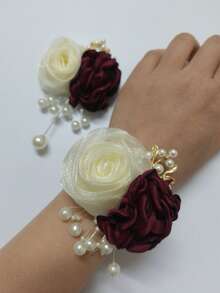 1 hoa cài áo chú rể + 1 hoa cài cổ tay, trang trí hoa kép màu sâm panh và xanh dương, thanh lịch cho đám cưới, tiệc đính hôn, dạ hội, mặc hàng ngày, ngày Valentine, mùa hè, đi biển. - 722 Màu đỏ tía + màu be - Xem 4