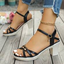 1 Pair Women's Summer New Fashion Crystal Pendant One-Strap Comfortable Soft-Sole High Heel Sandals, Minimalist Style Suitable For Casual, Work, And Solid Color Wedding Heels - Black - View 13