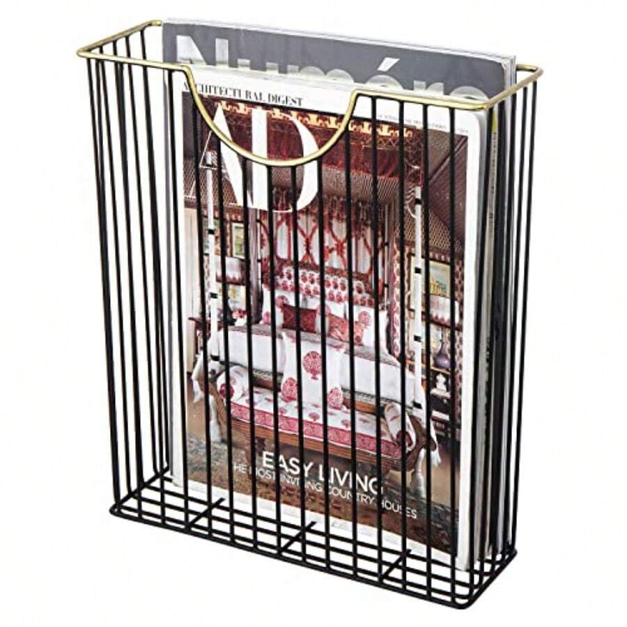 MyGift Art Deco Style - Revistero de alambre de metal negro mate con borde de tono latón soporte de pared para correo hecho a mano en la India - Tono negro y latn - Ver 1