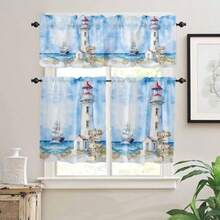 Juego de cortinas y cenefas de cocina cortinas náuticas con bolsillo para barra de playa tratamientos de ventana de granja de 24 pulgadas de longitud juego de cortinas de cocina de 3 - Azul - Ver 2