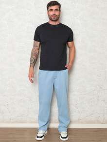 Men's Light Denim Cargo Pants With Elastic Waistband And Drawstring - Skater Style - 淺色水洗藍 - 查看 5