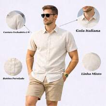 Italian Collar Shirt Short Sleeve Slim Fit Casual - 米色 - 查看 5