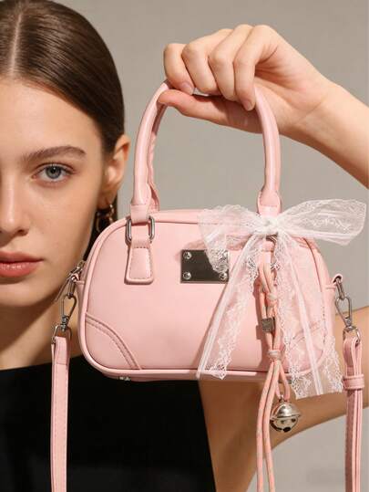 1pc Pink Lace Bow Mini Boston Bag - Cute Bell Charm Crossbody Purse,Suitable For Travel, Shopping, Dating, An Ideal Gift For Women, Teens, College Students, Beginners And Working Women, Applicable For Office, School, Work, Business, Commuting, Outdoor, Travel, Picnic And Other Occasions