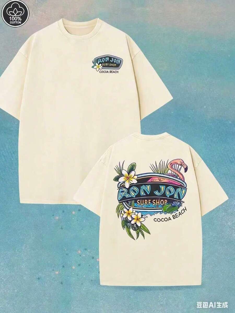 (230 Pure Cotton T-Shirt) Men's T-Shirt, Surf Shop Graphic T - Shirt,Street Style-HD07 - Màu be - Xem 1