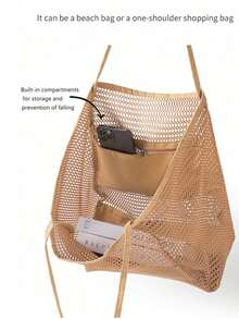 [Beach Bag] Large Capacity Beach Travel Bag | Women's Shoulder Bag, Women's Shopping Tote Bag, Beach Mesh Tote Bag, Women's Foldable Shoulder Bag, Travel Bag Beach Nylon Mesh Tote Bag, Casual Tote Bag Hobo Women's Foldable Shoulder Bag, Mesh Beach Tote Bag Large Size Women's Bag Upgraded Version, With Multiple Pockets, Suitable For Beach Picnic Vacation, Large Capacity Waterproof Beach Bag - Khaki - View 8