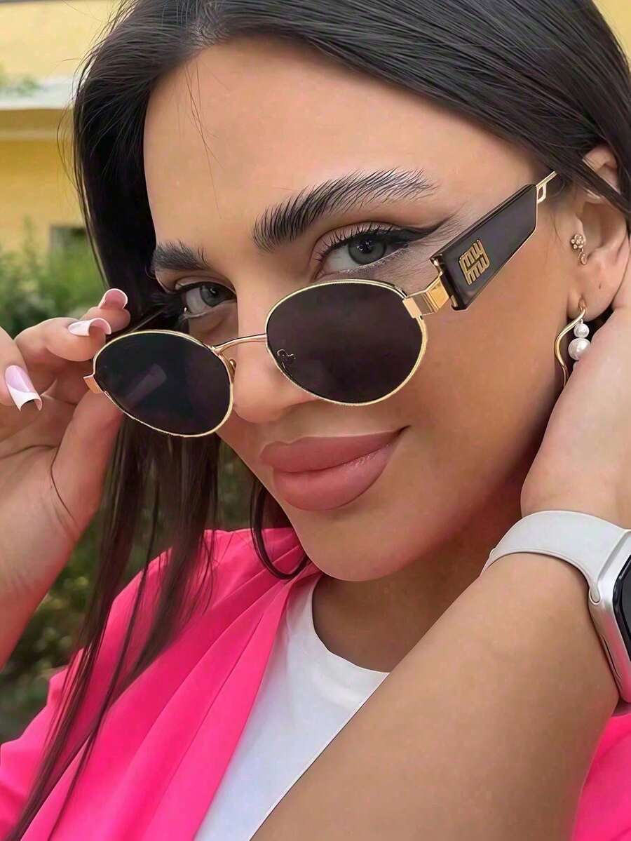 1pc New Metal Oval High Fashion Fashion Glasses, European & American Street Style For Women