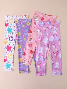 4 peças Leggings com Estampa de Unicórnio para Meninas, Calças Justas com Estampa de Pônei Arco-íris, Calças 3/4 Confortáveis, Adequadas para Uso Diário, Primavera/Verão - Multicolorido - Visão 7