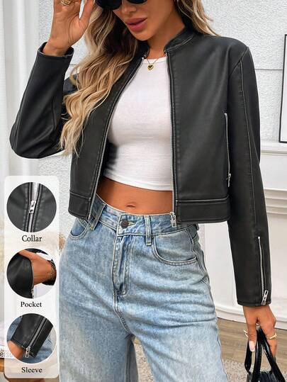 女士仿皮短款夹克休闲复古拉链机车短外套