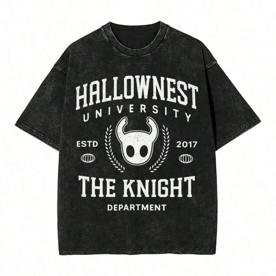 Washed T Shirts Hallownest University Hollow Knight Silksong Hip Hop T-Shirts Oversize Streetwear Tops Tee Shirt For Men - 黑色 - 查看 1