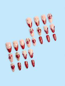 24pcs Almond Shaped Nail Tips, Red Color Suitable For Young Beautiful Women, Includes 1 Bottle Of Gel Polish And 1 Nail File To Enhance Your Elegance And Fashion Press On Nails - Multicolor - View 2
