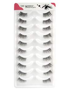 SHIDISHANGPIN 10对透明杆假睫毛，3D手工仿貂毛半眼睫毛，纤细柔软交叉卷翘延长款，适合小眼睛女孩日常及派对妆容 - 黑色 - 查看 9