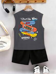 青少年男孩街头风滑板“KING”字母印花无袖背心+工装裤春夏舒适新款套装 - 深灰色 - 查看 1