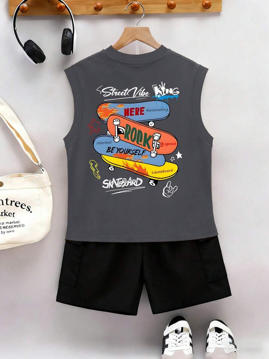 青少年男孩街头风滑板“KING”字母印花无袖背心+工装裤春夏舒适新款套装 - 深灰色 - 查看 1