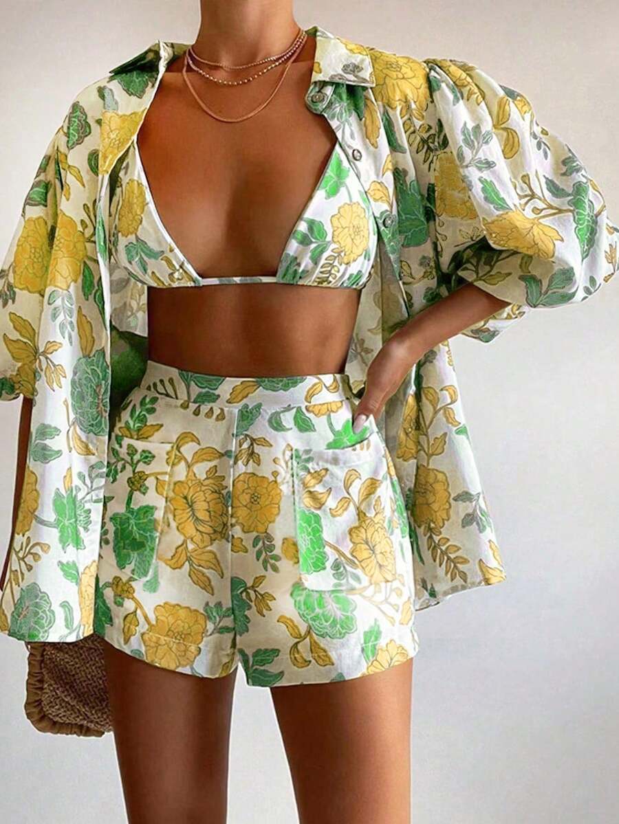 Set de 3 piezas de estilo de vacaciones de verano: Camisa estampada, camiseta de tirantes y shorts de moda casual para mujer - Mostaza Amarilla - Ver 1