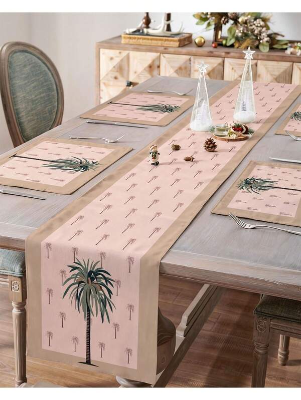 Bộ 1 khăn trải bàn bằng vải lanh màu nâu nhạt họa tiết cây dừa, thích hợp cho mùa hè, kèm tấm lót bàn và khăn ăn, trang trí nhà bếp và bàn ăn theo mùa, phong cách nghỉ dưỡng đảo, trang trí nhà cửa mùa hè.