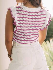 Women's Crochet Striped Knit Sleeveless Top, Lightweight Round Neck Ruffle Hem Short Sleeve Blouse Pink Summer - Pink - View 4