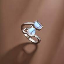Anillo abierto ajustable con diseño de gato con piedra lunar, anillo de moda con forma de animal de piedra preciosa sintética minimalista - Plateado - Ver 4