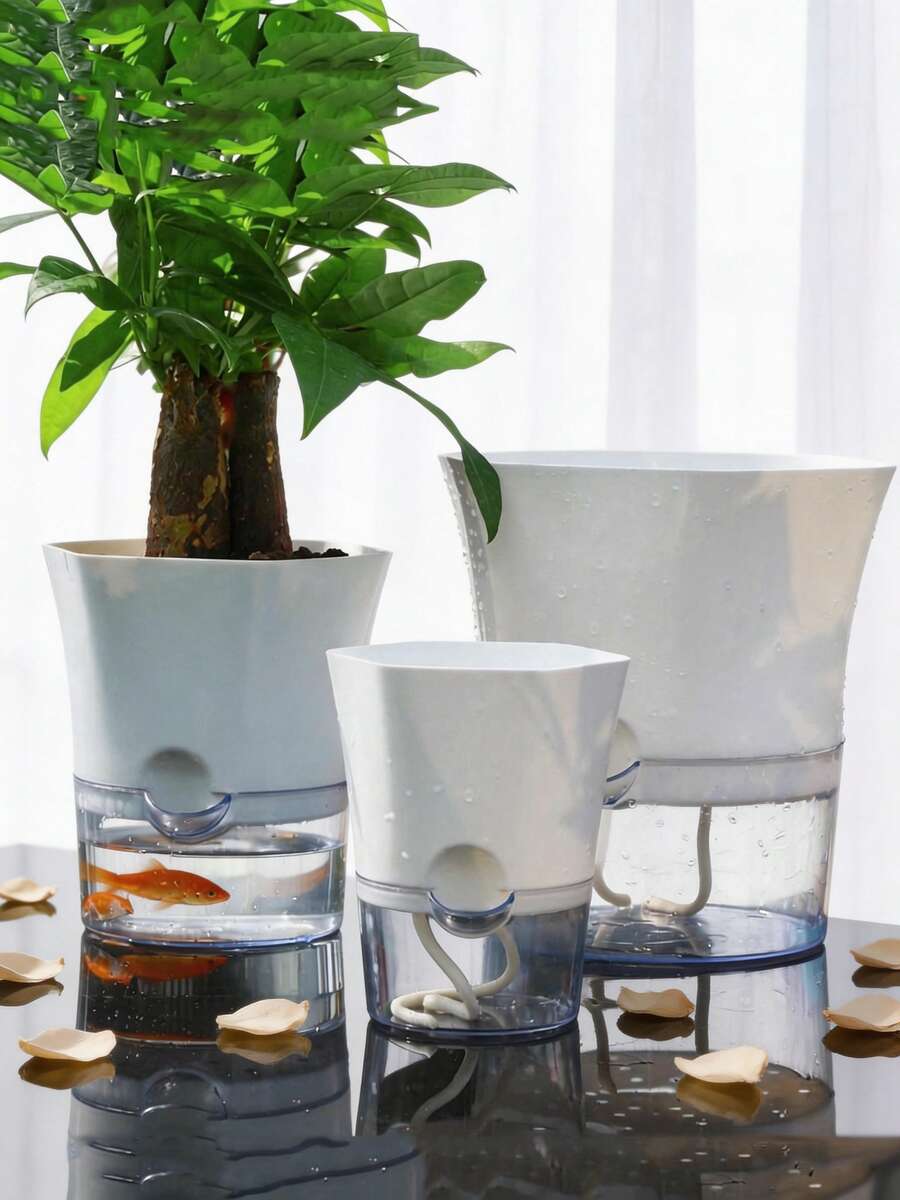 1 件自动浇水塑料花盆，带可见水位指示器，易于护理，透气且适合懒人的设计 - 白色 - 查看 1