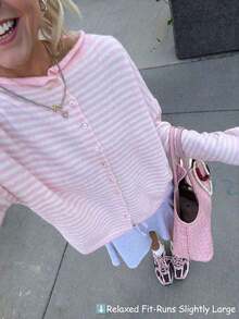 Vivid Style Autumn/Winter New Women's Fashion Street Style Loose Striped Knit Cardigan, Suitable For Street, Airport, Christmas, New Year Pink - Hồng - Xem 11