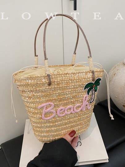 low tea 1个低茶色纯色手提包，女士度假风时尚草编水桶包，沙滩包，全草编字母装饰，双提手，抽绳封口，适合日常购物和度假