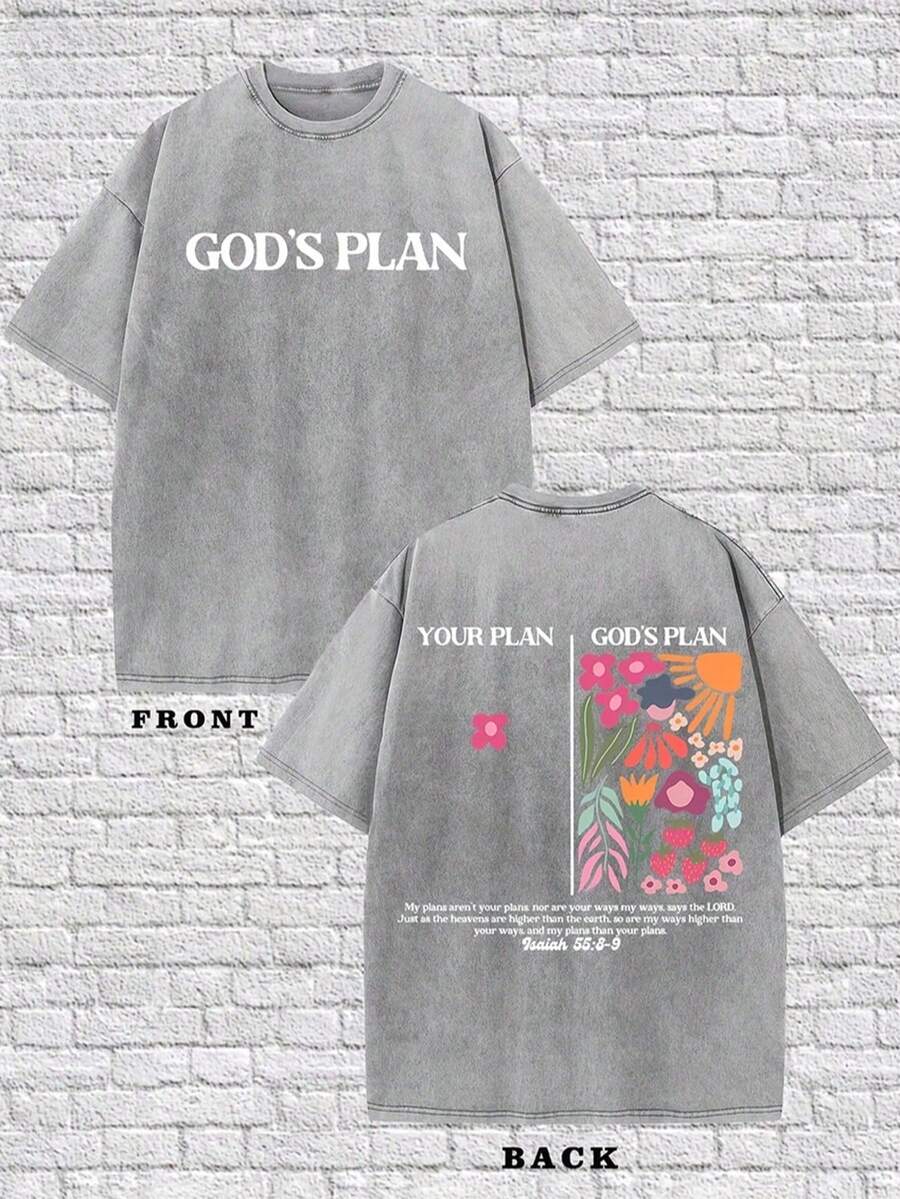 Plus Size M-5XL, Men's Vintage Washed Christian T-Shirt, 'GOD'S PLAN' Slogan Printed T-Shirt, Floral Pattern T-Shirt, 230g Pure Cotton Loose T-Shirt, Unisex T-Shirt, GOD T-Shirt, Large Size T-Shirt, High-Quality Vintage Christian T-Shirt, Suitable For Spring And Summer Fashion Streetwear - 灰色 - 查看 1