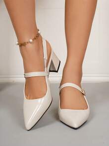 女士方头粗跟凉鞋，皮革鞋面套脚休闲高跟鞋 - 米色 - 查看 6