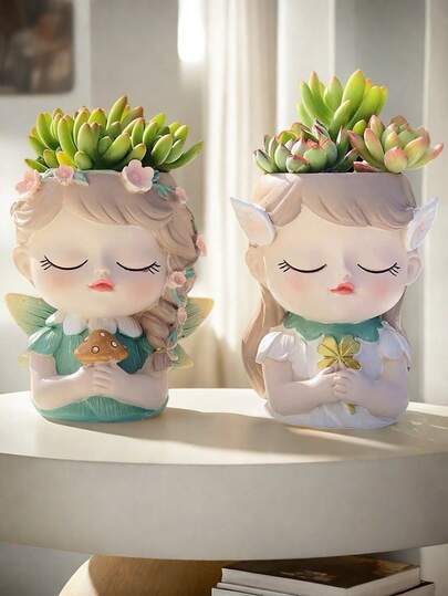 1pc Cute Fairy Girl Succulent Plant Pot, Cartoon Angel Flower Pot With Floral Details, Decorative Mini Plant Pot, Suitable For Indoor Home Decor, Desktop Ornament, Gift For Her, Cactus Planter