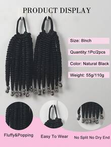 1Pc/2Pcs 8 Inches Kids Fluffy Curly Short Ponytail Wig With Gold Or Silver Beads, Heat-Resistant Synthetic Fiber, Suitable For Girls/Children - Black - View 7