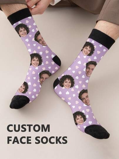 1 Pair Customized Text & Photo Printed Mid-Calf Socks, Personalized "Best Father Ever" Text & Handsome Guy Photo Socks, Interesting Customized Image Couple Mid-Calf Socks, Suitable For Father's Day, Birthday Gifts And Other Occasions