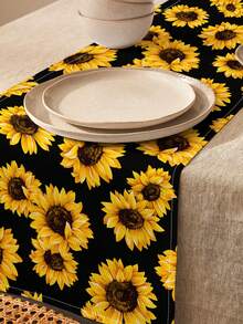 1pc Sunflower Pattern Printed Table Runner, 4pcs Sunflower Pattern Printed Placemats, Suitable For Festivals, Parties, Birthdays, Dinners, Kitchen & Dining Room Decor, Applicable For All Seasons, Home Textile Decoration - Multicolor - View 14
