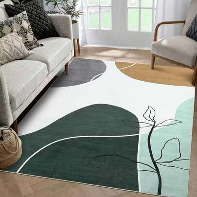 1pc Contrast Color Geometric Plant Area Rug, Living Room Carpet, Washable Carpet, Home Decor, Large Size Round Carpet For Living Room