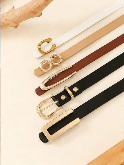Bộ 5 chiếc thắt lưng nữ bằng da PU cổ điển, kiểu dáng mảnh, màu trơn, khóa điều chỉnh được, phù hợp với quần jeans, váy, trang phục thường ngày, công sở, dự tiệc, đám cưới, sinh nhật, làm quà tặng cho bạn gái, bạn thân.