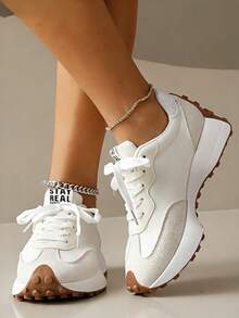 Women's White Casual Sneakers, Low-Top, Lightweight, Non-Slip, Wear-Resistant, Low Heel, Round Toe, Breathable, Lace-Up, Suitable For Outdoor Sports, Spring/Autumn - 白色 - 查看 4