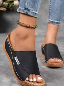 Women's Fashion Solid Color Wedge Sandals - Comfortable Arch Support, Breathable Outdoor Sandals - Stylish And Versatile, Soft Sole, Easy For Everyday Wear, Casual Open-Toe Slip-On Sandals With A Mid-Heel And Faux Leather Sole. Sold By MagiMoBo Women's Shoes. - màu đen - Xem 3