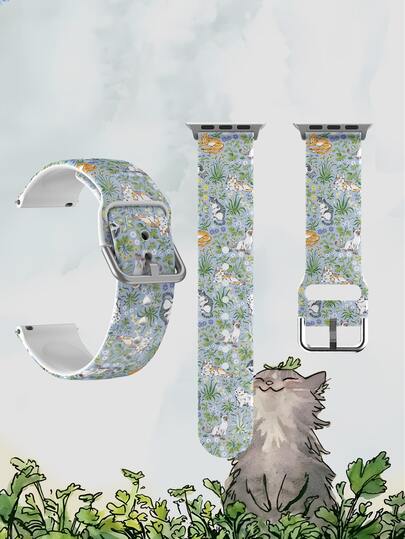 1pc Blue Grass Cat Pattern Soft Elastic Breathable Comfortable Replacement Watch Band, Suitable For Samsung. . Honor Smartwatches, 38mm 40mm 41mm 45mm 44mm 42mm 46mm 49mm, Floral Animal Pattern Holiday Gift Daily Casual Silicone Watch Strap Compatible With Watch Ultra SE/11/10/9/8/7/6/5/4/3/2/1